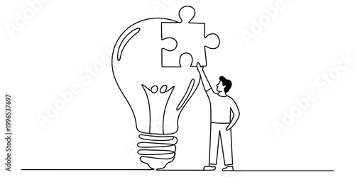 Continuous line drawing of a person putting a puzzle piece into a light bulb to solve a problem and create a new idea Vector, illustration