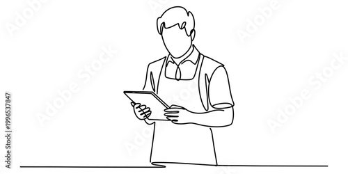 Continuous one line drawing of a person wearing an apron holding a tablet computer Vector, illustration