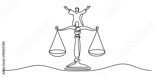 Continuous single line drawing of a person standing on top of a balance scale representing success and justice Vector, illustration