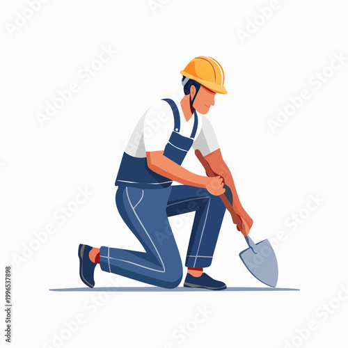 Construction worker in hard hat and overalls digging with a shovel