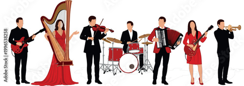 "Vector Set of Musical Band Members Playing Various Instruments Including Guitar, Harp, Drums, Accordion, Trumpet, and Violin in Elegant Attire"