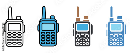 Walkie-talkie icon vector, portable radio transceiver symbol for security communication, emergency response, and outdoor team coordination set