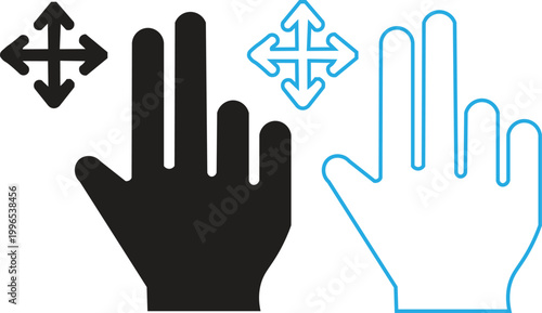 Touchscreen hand gesture icons, black and blue drag and drop symbols, multi-touch interface navigation elements for mobile app design