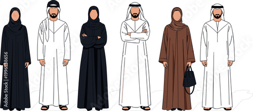 "Vector Set of Middle Eastern Traditional Clothing with Men and Women Wearing Abayas, Thobes, and Hijabs"