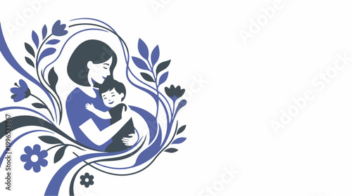 A mother tenderly holding her child surrounded by beautiful flowers and leaves