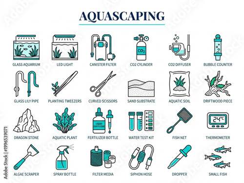 Large set of twenty-four vector icons illustrating the professional tools, equipment, and biological elements of aquascaping and planted aquarium design