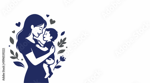 A loving mother tenderly holding and kissing her baby surrounded by hearts and leaves