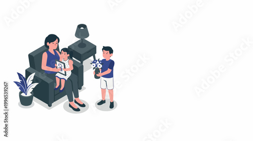 A woman sits on a couch with her two children, one holding flowers and the other on her lap, in a cozy home setting.