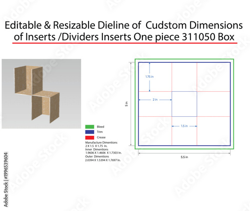 Dieline template for cardboard box insert divider with dimensions