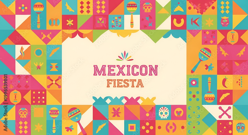 Fototapeta premium Festive geometric pattern with Mexican folk art icons and