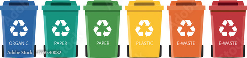 "Vector Set of Colorful Recycling Bins for Waste Segregation: Organic, Paper, Plastic, and General Waste Bins"