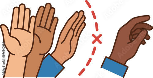 Illustration of hand gestures showing a “stop” signal versus an approaching touch, symbolizing boundaries, consent, and personal space.