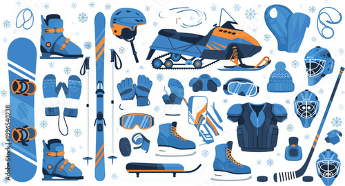 "Vector Set of Winter Sports Equipment Including Snowboards, Skis, Ice Skates, Hockey Gear, and Winter Clothing for Outdoor Adventures"