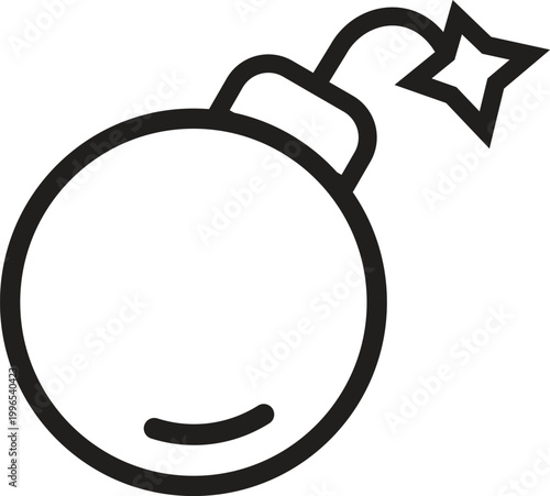 Minimalist bomb icon with burning fuse, black line art explosive vector illustration, simple round dynamite symbol for gaming and warning signs