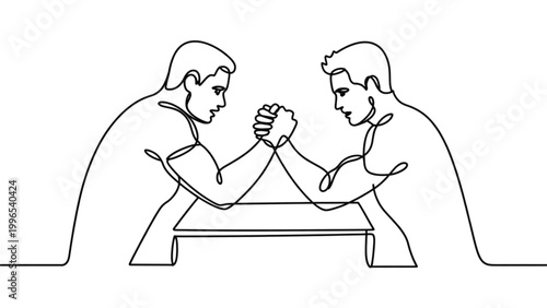 Two men arm wrestling over a small table in a simple indoor setting Vector