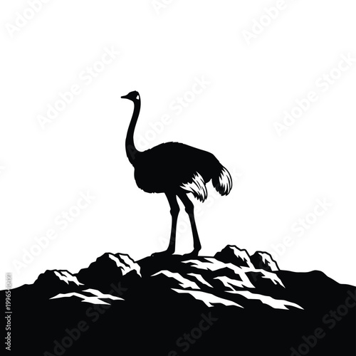 Minimalist black silhouette illustration of an ostrich standing on rough ground.
