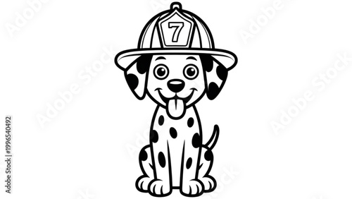 Cute dalmatian puppy wearing a firefighter helmet sitting happily Vector