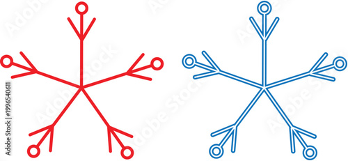 Minimalist snowflake vector icons, red and blue winter ice crystals, geometric snow flake symbols for holiday seasonal branding and decor