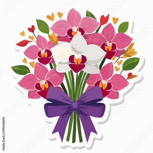 Orchid Bouquet with Purple Bow and Hearts