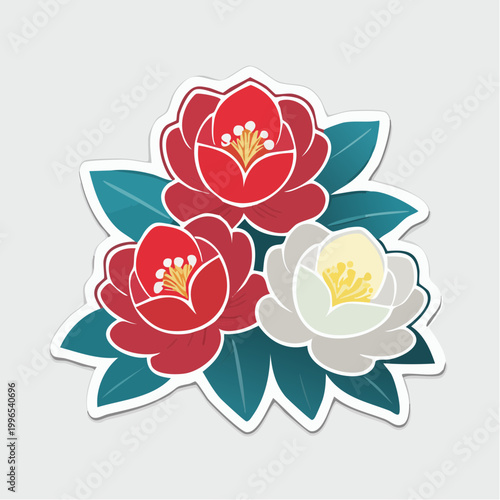 Stylized Camellia Flowers with Leaves