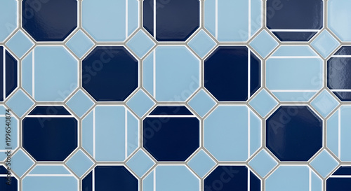 Geometric mosaic pattern of navy blue and light blue octagons and squares with white grout lines