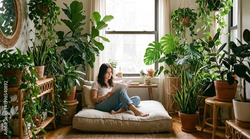 Young woman relaxes on a floor cushion, reading amidst numerous vibrant houseplants in a bright, tranquil room.