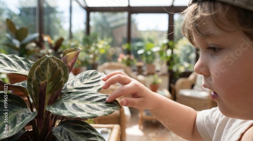 A curious young child gently touches the patterned leaf of an indoor plant in a bright sunroom.
