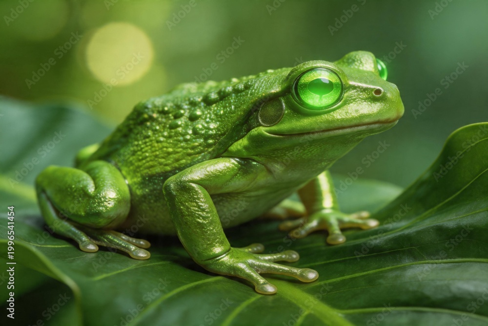 Obraz premium Green frog with glowing eyes on leaf