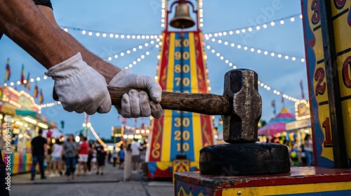 Strong man in white gloves hitting high striker strength tester at vintage carnival fairground