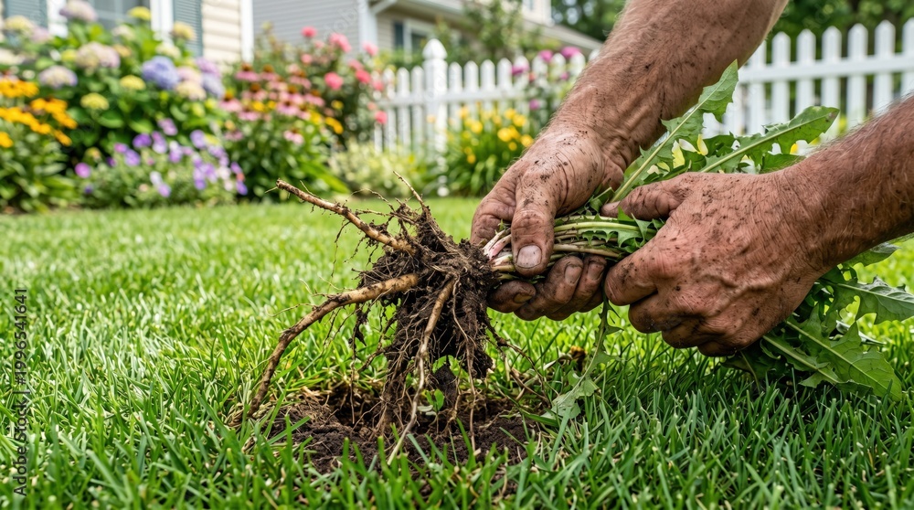 Fototapeta premium Senior man pulling dandelion weed with roots from green lawn, organic gardening, manual lawn care