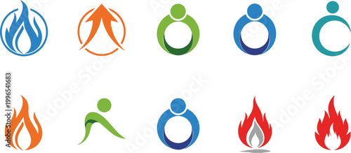 Abstract Fire and Human Figure Logo Set with Flame Icons, Energy Symbols, Wellness and Fitness Branding Elements for Modern Business Identity Design