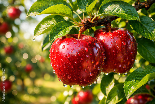 Foto Pair of juicy red apples surrounded by lush green foliage outdoors