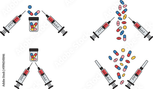 Medical Syringe and Pills Capsule Illustration Set with Injection Vaccine Elements for Healthcare Pharmacy Treatment and Immunization Concept Vector Design