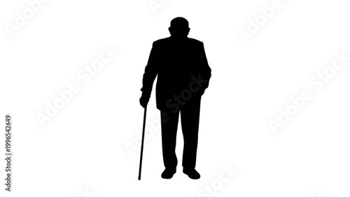 Elderly man silhouette using a cane for support standing upright Vector