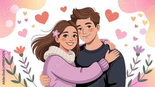 Happy couple embracing with hearts floating around them in a soft pastel background Vector