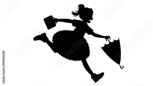 Black and white cartoon girl jumping with handbags Vector