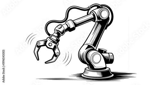 Cartoon robot arm holding a wrench in an industrial setting Vector