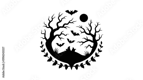 Black and white forest scene with bats and moon illustration Vector