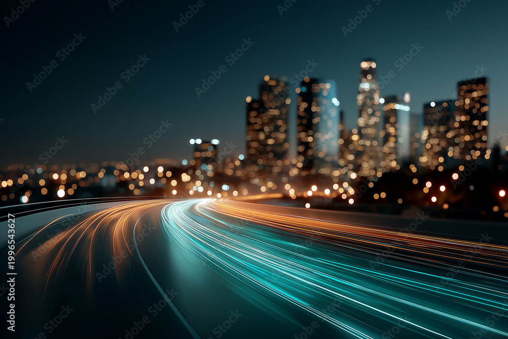 Fototapeta premium City Lights Trail: Capture the dynamic essence of a modern city at night with vibrant light trails streaming across a blurred highway, converging towards a shimmering cityscape.