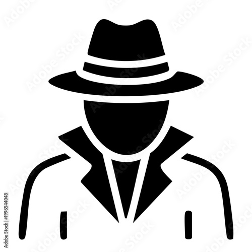 Icon of a mysterious detective wearing a fedora and trench coat