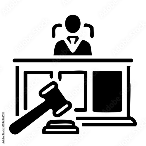 Icon of a judge behind a bench with a wooden gavel