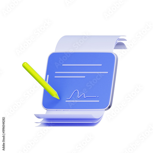 3D illustration of pen with signed document for legal agreement, business contract, official authorization, compliance signing, formal settlement, and corporate partnership.
