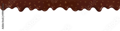 Melted dark chocolate dripping horizontally The smooth, glossy brown glaze is topped with crunchy chocolate chips