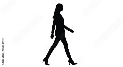 Professional businesswoman walking confidently in a sharp suit against white background