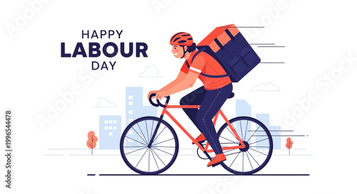 A vector illustration shows a delivery cyclist riding a bicycle with a large insulated backpack, symbolizing workers appreciation day and labour rights, set against a city skyline