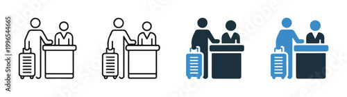 Reception desk line icons set showing hotel check in process with travelers luggage and staff member assistant set.