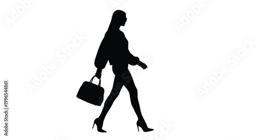 Silhouette of a stylish woman walking with a handbag and high heels