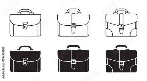 Professional briefcase icons collection featuring various business bag styles in outline and solid black shapes set.