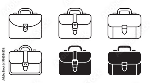 Office briefcase line and glyph icons demonstrating diverse messenger bag designs for professional business use set.