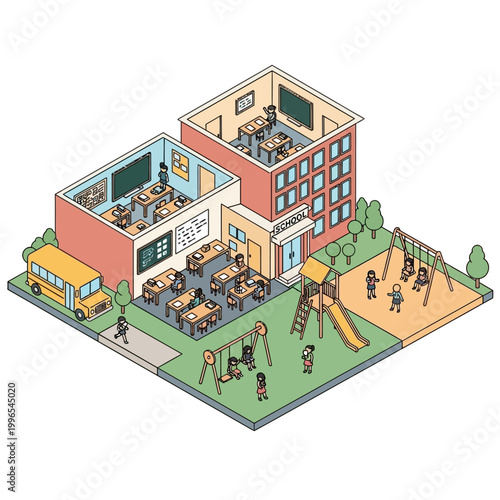 School Building with Playground and Bus.